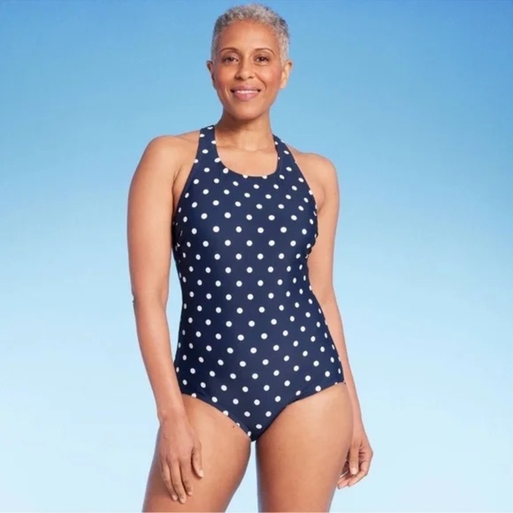 Lands' End Women's Polka Dots One Piece Swimsuit Navy Beach Sz 16 Resortwear
